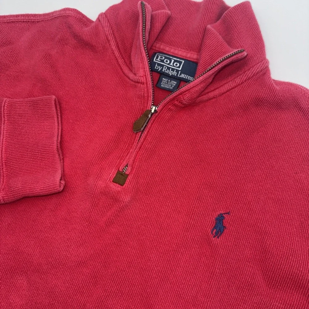 Polo Ralph Lauren Sweater Men Medium Red Solid Cotton Quarter Zip Sweatshirt VTG